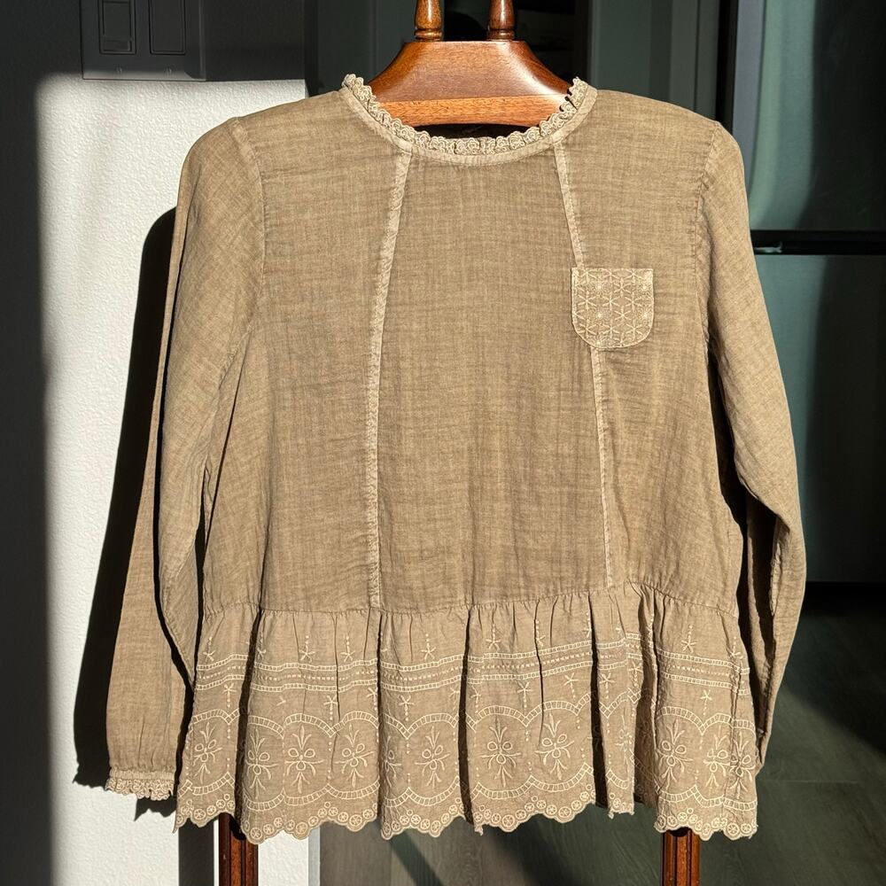 Supremes 100% Cotton Boho Peplum Blouse L Embroidered Cottagecore Long Sleeve